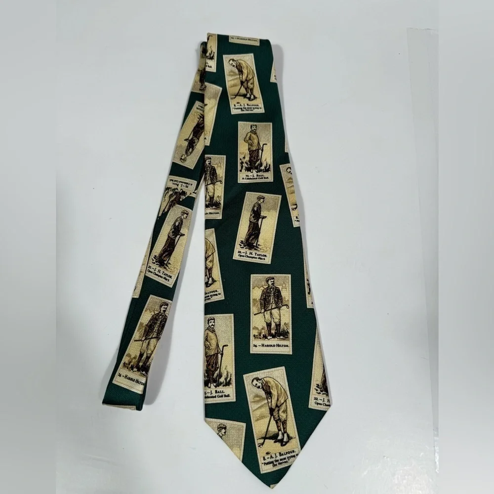 Men's Tie Green Golf Legends Ball Balfour Hilton Taylor AKA Eddie Bauer- silk